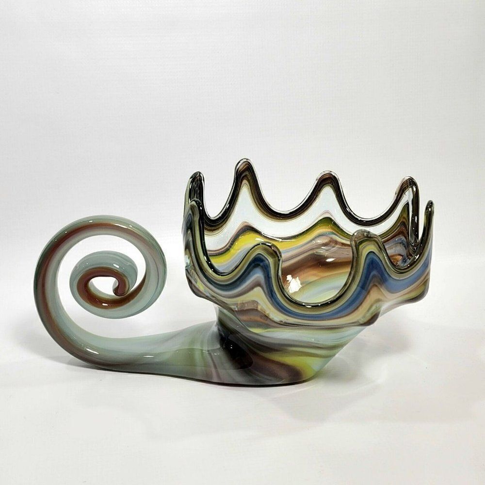 Vintage Large Blown Glass Candy Dish Cornucopia Swirl Spiral 10" Sooner Glass